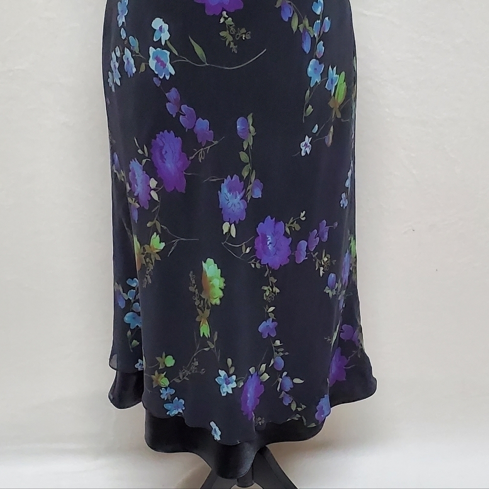 VINTAGE Liz Claiborne Purple Floral Silk Chiffon Black Satin Ruffle Midi Dress M - Picture 15 of 16